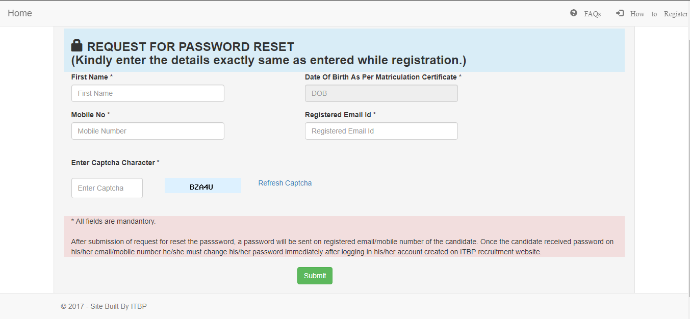 ITBP rest password